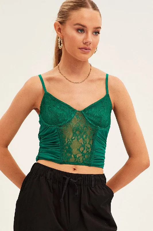 trendy women's topsGreen Singlet Sleeveless Sweetheart Crop Lace