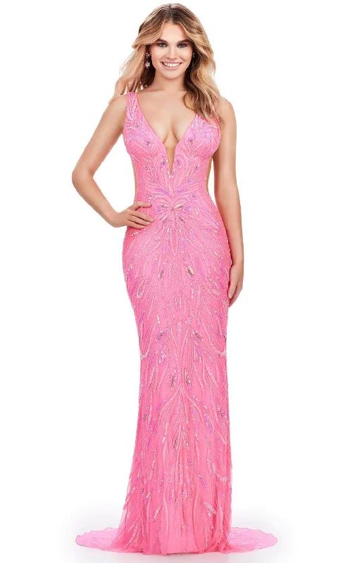 women's minimalist dressesAshley Lauren 11669 - Sequin Plunging Neck Gown