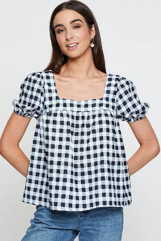 women's tops for cocktail partiesCheck Scoop Neck Top Short Sleeve