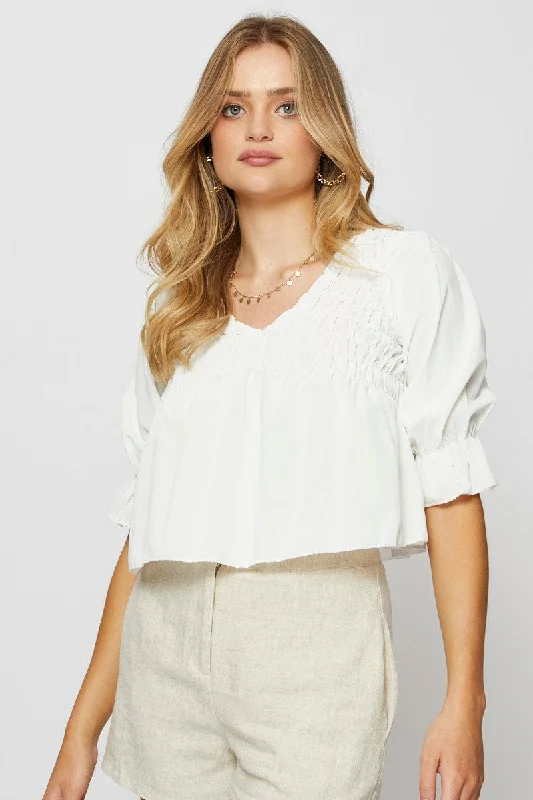 silk women's topsWhite Crop Blouse Short Sleeve Round Neck