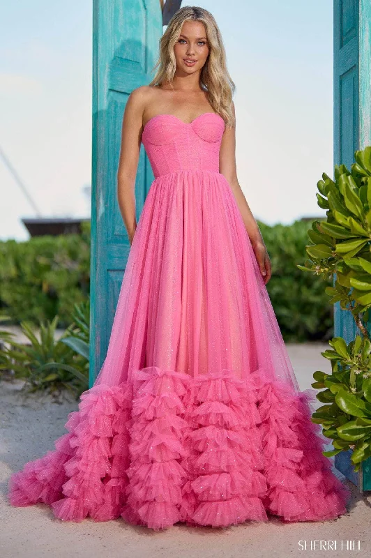 women's flutter-sleeved dressesSherri Hill 56040 - Ruffle Hem A-Line Gown'