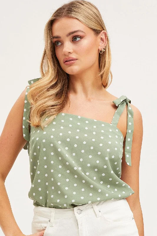 women's tops with sleeveless designsPolka Dot Tie Shoulder Top Sleeveless