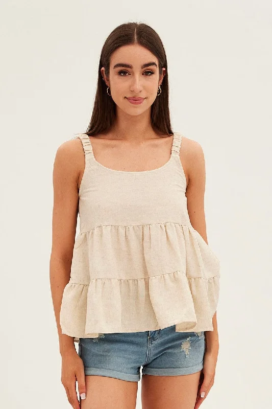 women's tops for summer festivalsBeige Tiered Top Sleeveless Scoop Neck Linen Blend