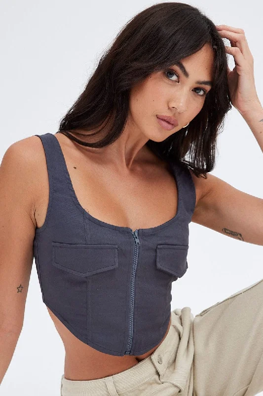 women's tops for those who want to add a touch of sophistication to their casual attireGrey Charcoal Top Sleeveless with Zipper