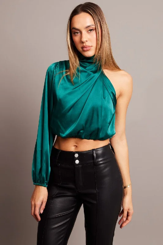 silk women's topsGreen High Neck Blouse One Sleeve Asymmetric Top