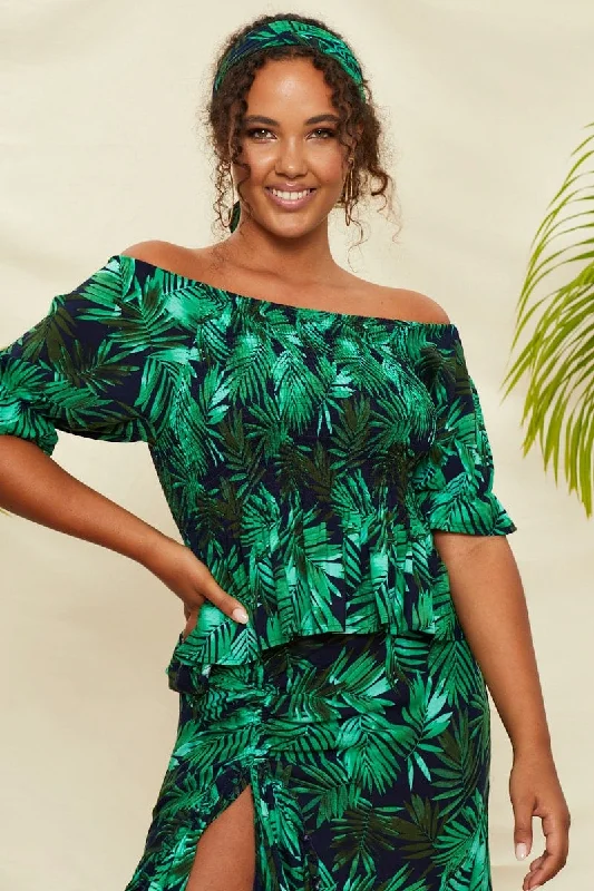 women's tops with cold-shoulder cuts and lace detailingPrint Short Sleeve Tropical Print Shirred Top