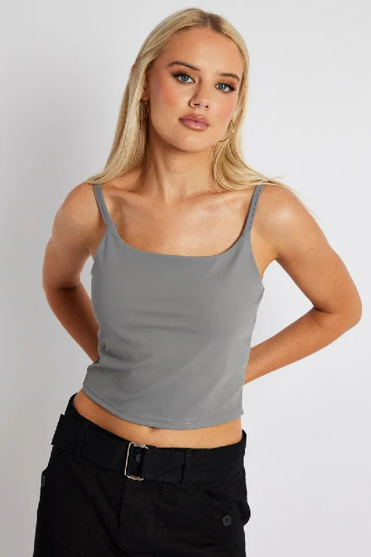 women's tops for vintage fashion enthusiastsGrey Bralette Round Neck Sleeveless Padded