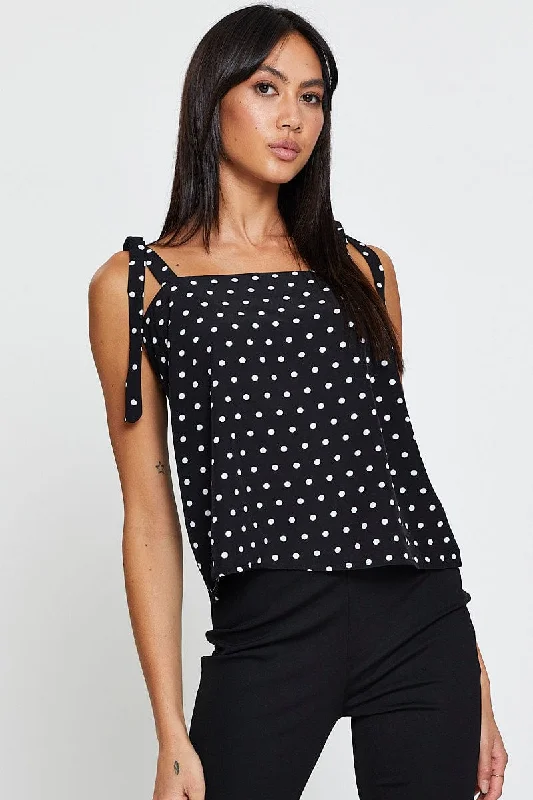 women's tops with bell sleevesPolka Dot Tie Shoulder Top Sleeveless