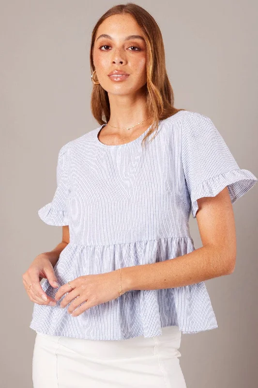 women's tops with sequin embellishmentsBlue Stripe Ruffle Top Short Sleeve