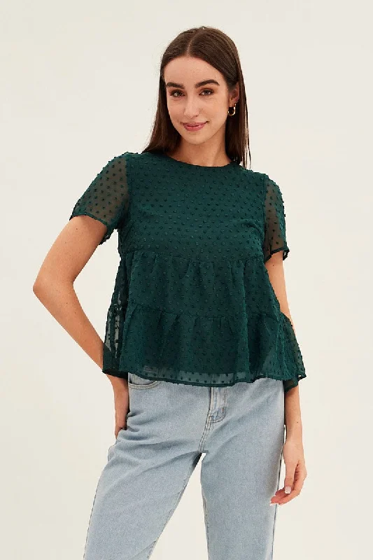 women's tops for those who want to create outfits that are both trendy and timelessForest Dobby Chiffon Flutter Sleeve Tiered Hem Top