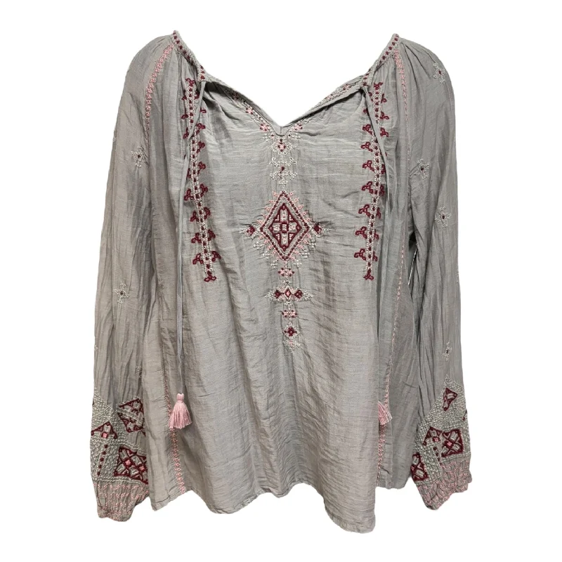 women's tops for those who want to stay warm and stylish during colder weatherSilk Blend Embroidered Blouse Designer By Johnny Was In Grey, Size: Xs