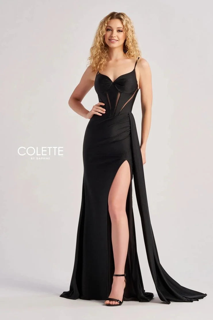 women's stretch dressesColette By Daphne CL8480 - Spaghetti Strap High Slit Gown