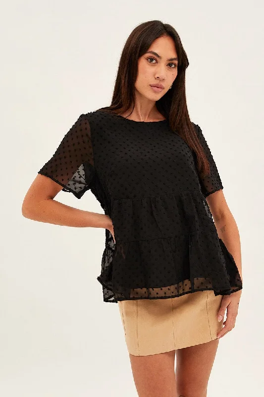 women's tops for those who want to wear pieces that are both comfortable and stylishBlack Dobby Chiffon Flutter Sleeve Tiered Hem Top