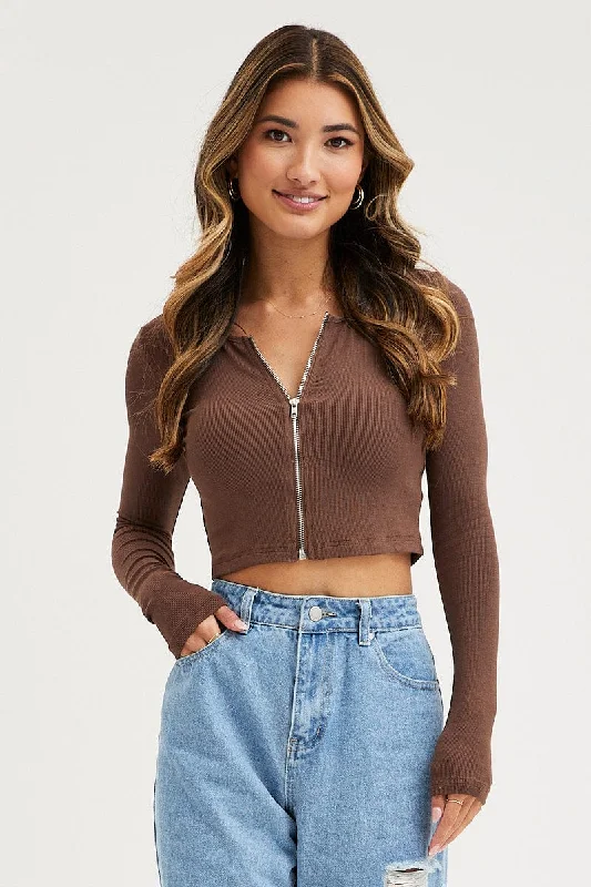 women's tops for summer festivalsBrown Basic Top Ribbed