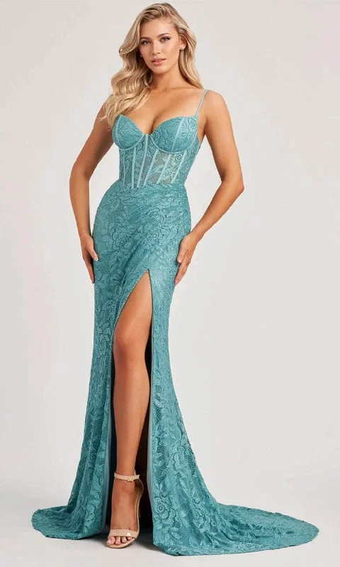 women's satin dressesColette By Daphne CL8405 - Spaghetti Strap Lace Gown