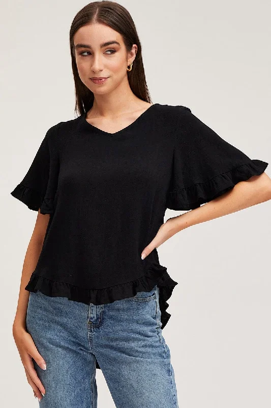 women's tops for gala dinnersBlack Frill Top Short Sleeve V-Neck