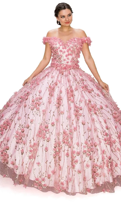 women's petite dressesCinderella Couture 8021J - 3D Floral Off-Shoulder Ballgown