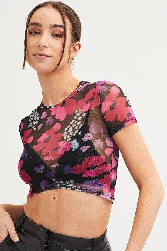 women's tops for fashion-forward individualsPink Abstract Floral Print Mesh Short Sleeve Top