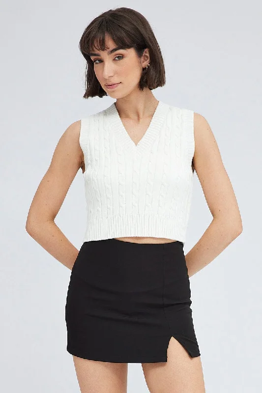 women's tops for glamorous eveningsWhite Cable Knit Vest