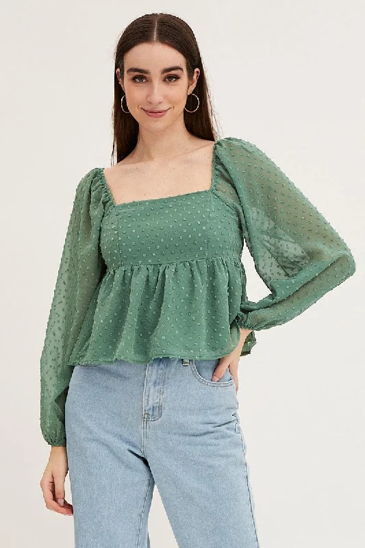 women's tops for cocktail partiesGreen Puff Sleeve Peplum Top