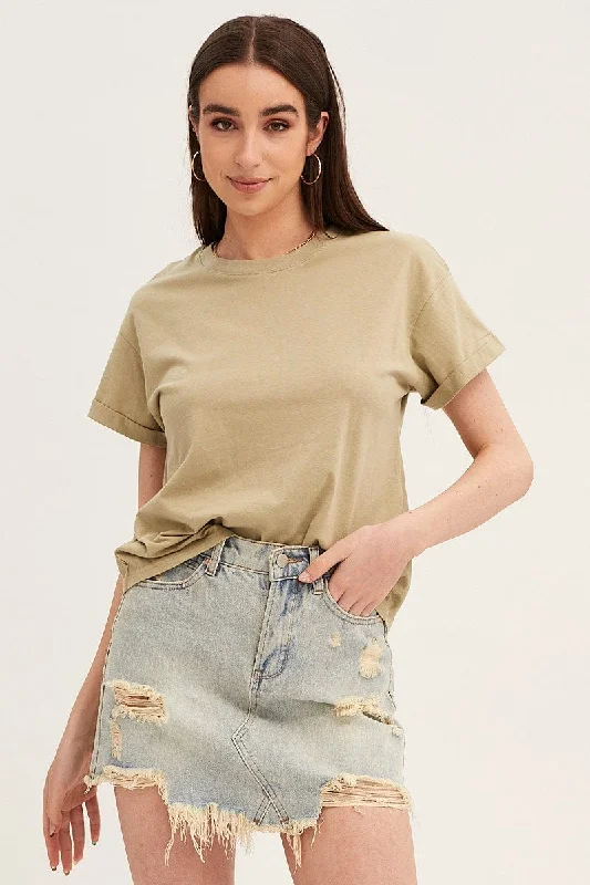 women's tops for layeringGreen Roll Sleeve Crew Neck Tee