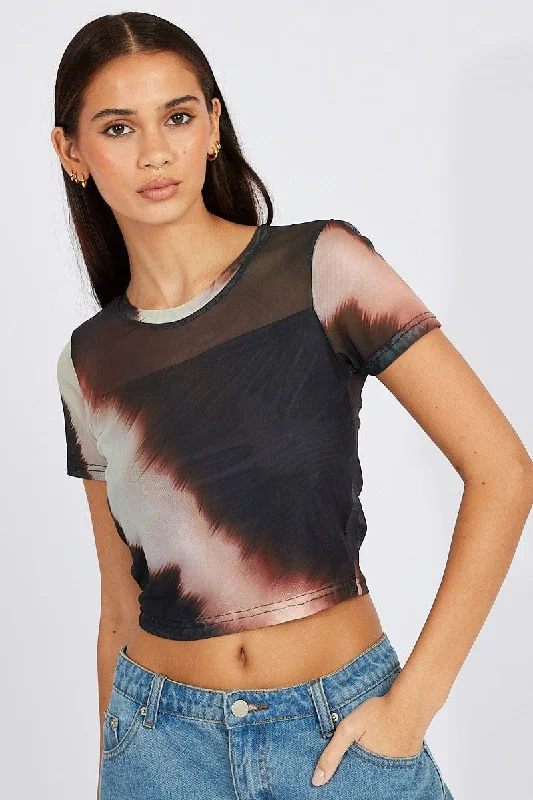 women's tops with cold-shoulder cuts and lace detailingBrown Abstract Top Short Sleeve