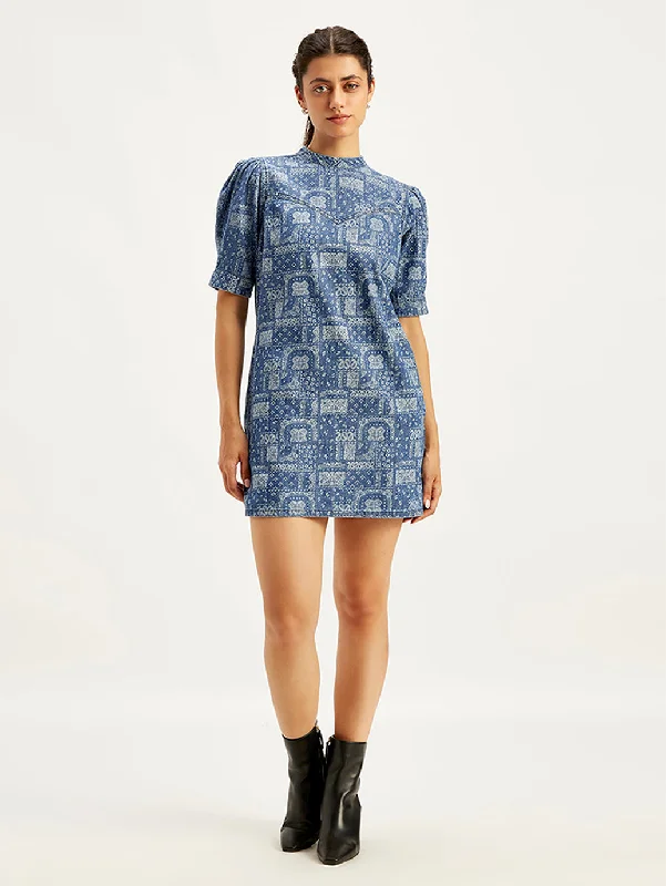 women's classic chiffon skirtsWomen's Paisley Blue Band Neck Mini Dress