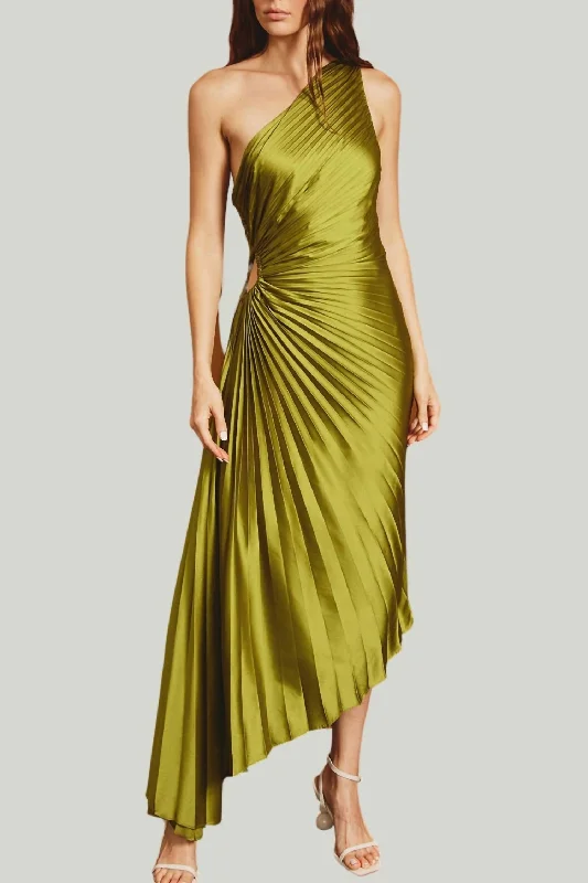 women's maximalist dressesStella Pleated Midi Dress In Olive Green