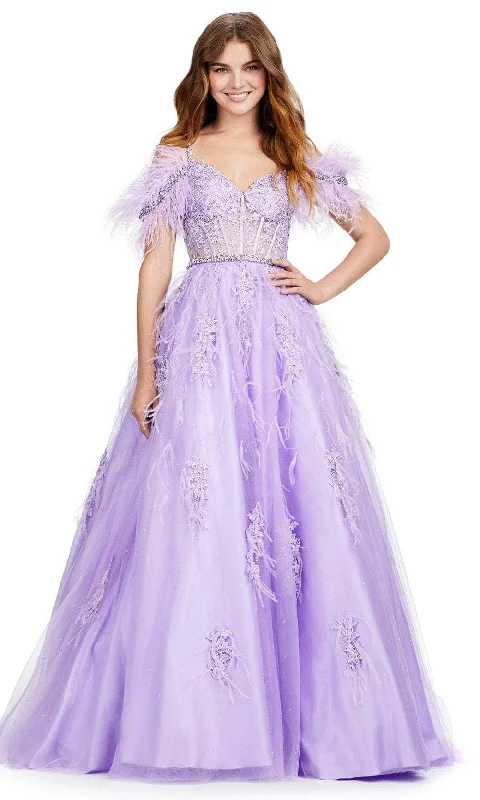 women's custom dressesAshley Lauren 11447 - Feathered Cold Shoulder Evening Gown