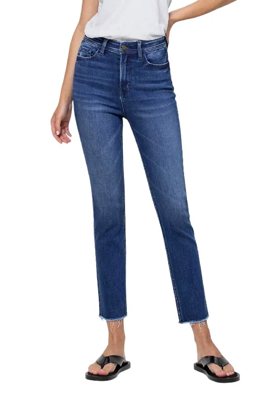 women's denim jeans with raw hemsSuper High Rise Slim Straight Jeans In Medium Blue