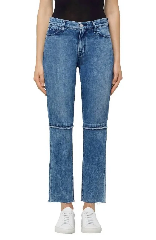 women's denim jeans with lace trimRuby Frayed Cropped Straight Raw Hem High Rise Jeans In Blue