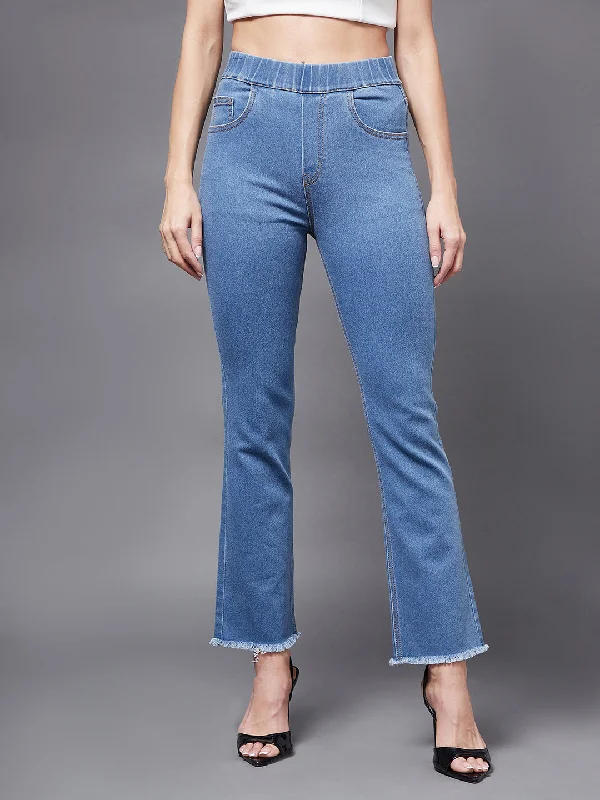 women's denim jeans with contrasting stitchingWomen's Blue Semi-Bootcut Bell Bottom Mid-rise Stretchable Denim Jeans