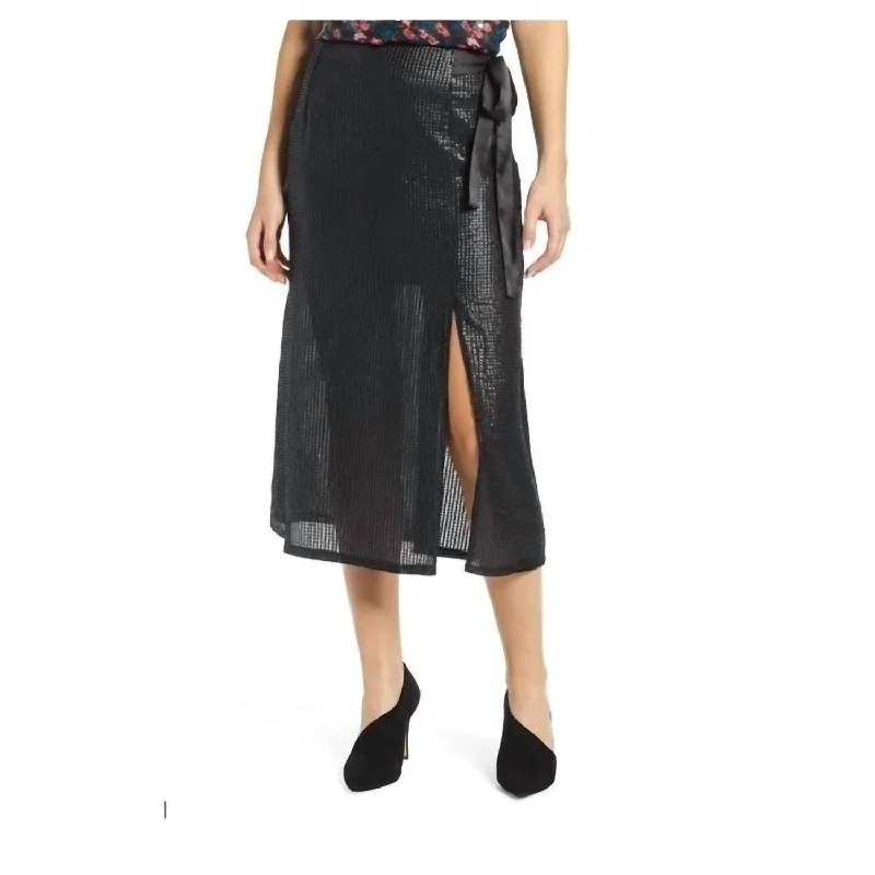 women's low-rise skirtsFaux Wrap Sequin Front Slit Tie Midi Skirt In Black