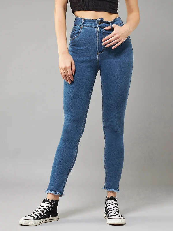 women's denim jeans with zipper-fly closureCHASEstretch™ Women's Blue Skinny High Rise Clean Look Fringe And Side Zipper Detailing Cropped Denim Jeans