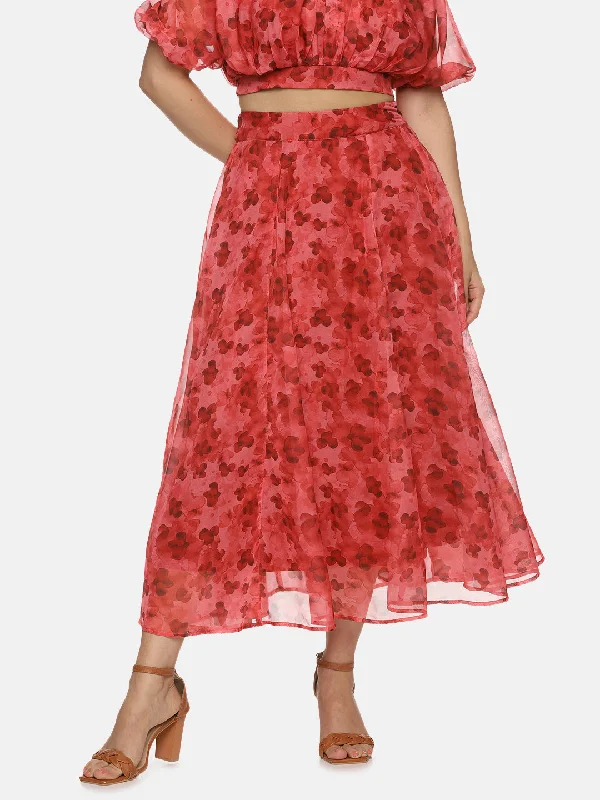 women's leather skirtsIS.U Floral Red Flared Midaxi Skirt