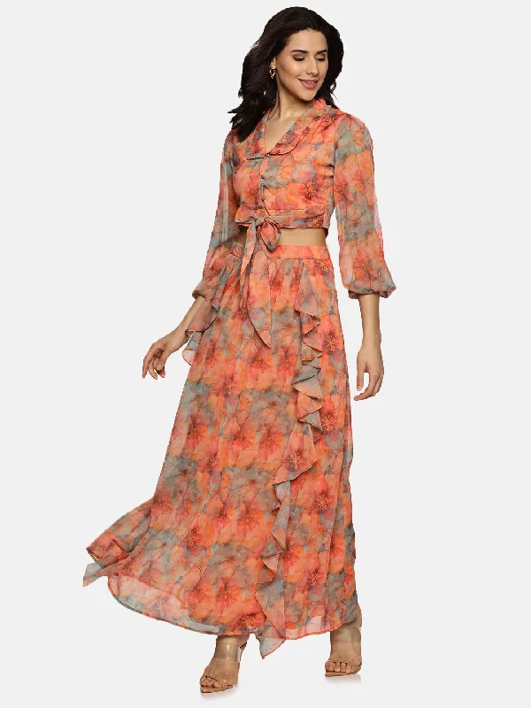 women's high-slit skirtsIS.U Floral Orange Flare Detail Maxi Skirt