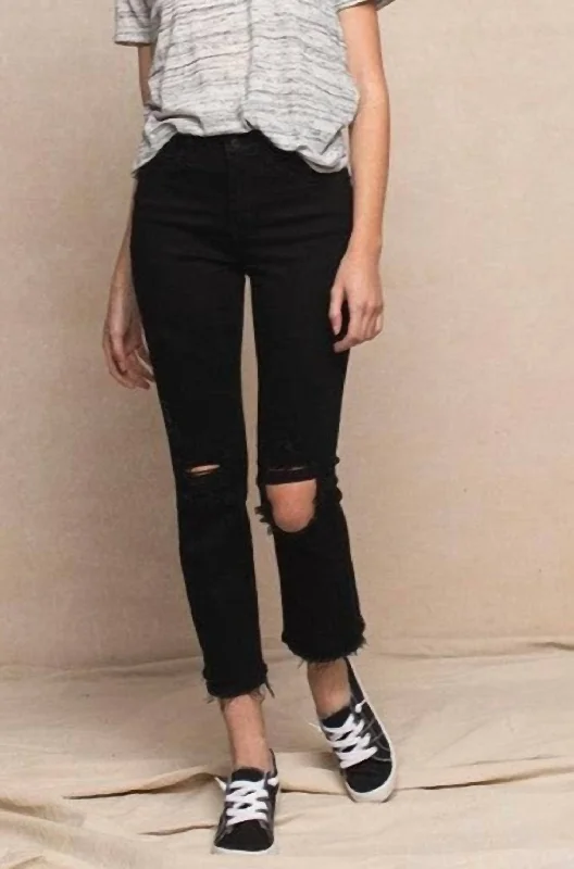 women's denim jeans with distressed thighsStraight Leg High Rise Distressed Raw Hem Jeans In Black