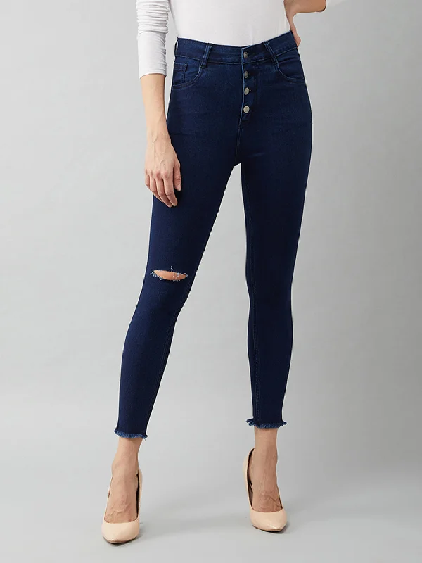 women's denim jeans for a bohemian look24/7 comfort Women's Navy Blue Cotton Skinny Fit Cropped High Rise Stretchable Denim Jeans