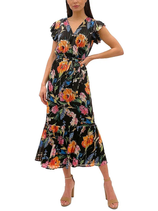 women's stretch dressesWomens Floral Chiffon Midi Fit & Flare Dress