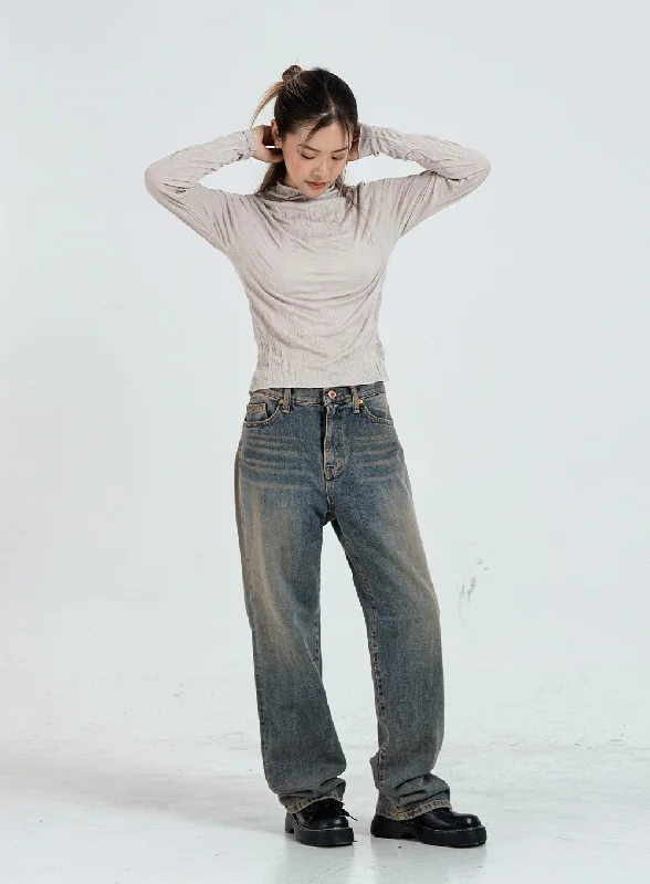 women's denim jeans with distressed thighsVintage Washing Wide Pants Unisex CO11