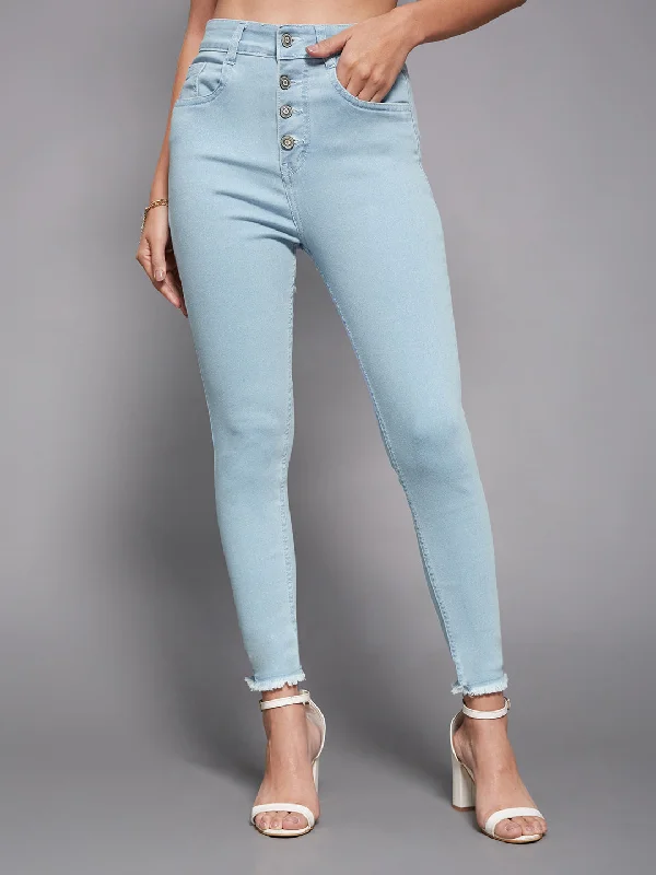 women's denim jeans for a night out24/7 comfort Women's Light Blue Skinny High Rise Clean Look Fringed Hemline Cropped Acid Wash Solid Stretchable Denim Jeans