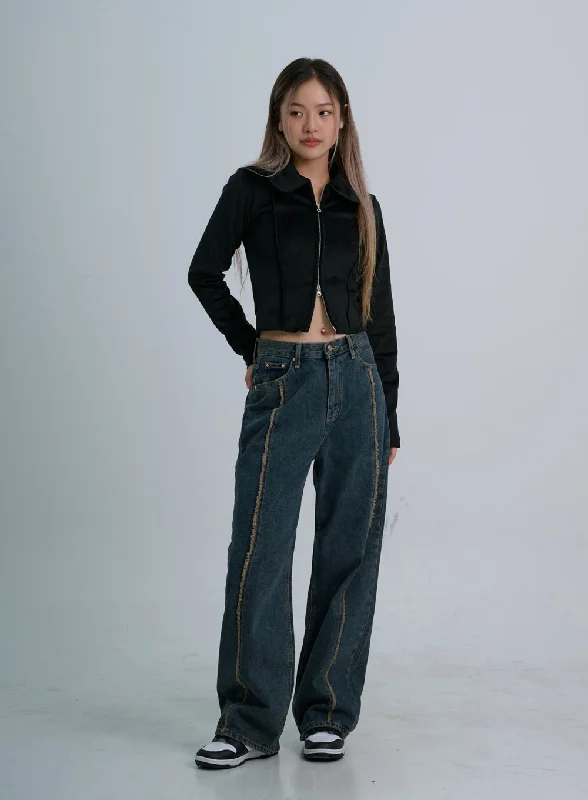 women's denim jeans with functional pocketsRetro Stitching Wide Denim Pants CO21