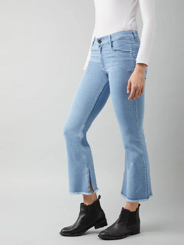 women's denim jeans for a cozy dayWomen's Light Blue Bell Bottom Semi Bootcut High Rise Cropped Denim Stretchable Jeans