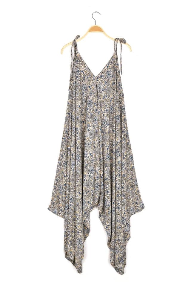 women's jumpsuits for bohemian chicTie Shoulder Printed Jumpsuit - Blue Ditzy