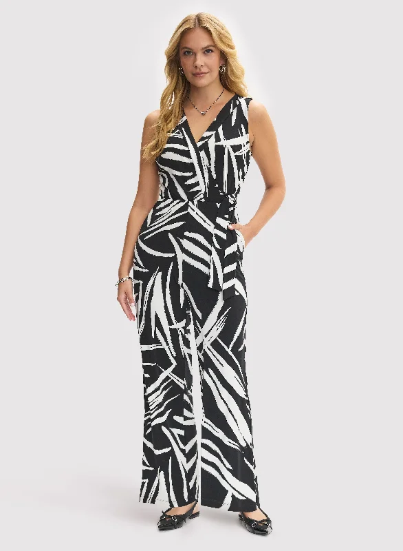 women's jumpsuits with self-ties at the waistGeometric Print Cross-Neck Jumpsuit