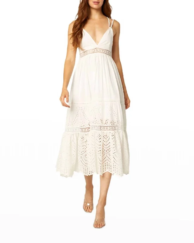 women's vacation dressesEmbroidered Eyelet Midi Dress In White