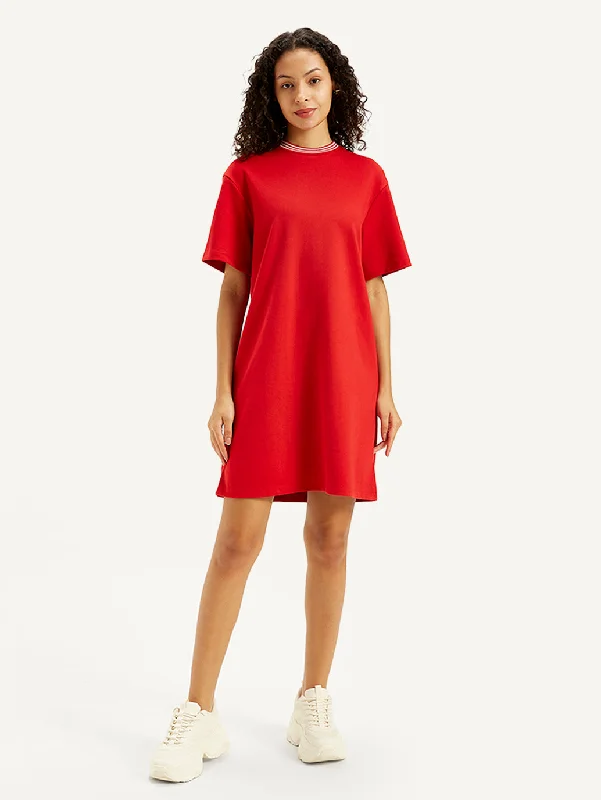 women's skater skirtsWomen's Solid Red Crew Neck Dress