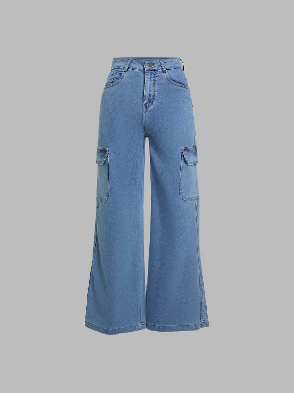 women's denim jeans with functional pockets24/7 Comfort Women's Blue Wide-Leg High-Rise Stretchable Cargo Denim Jeans