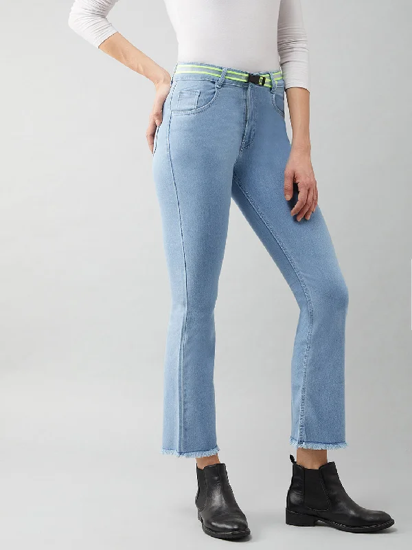 women's denim jeans for a flattering silhouetteWomen's Light Blue Bell Bottom Semi-Bootcut High Rise Cropped Denim Stretchable Jeans