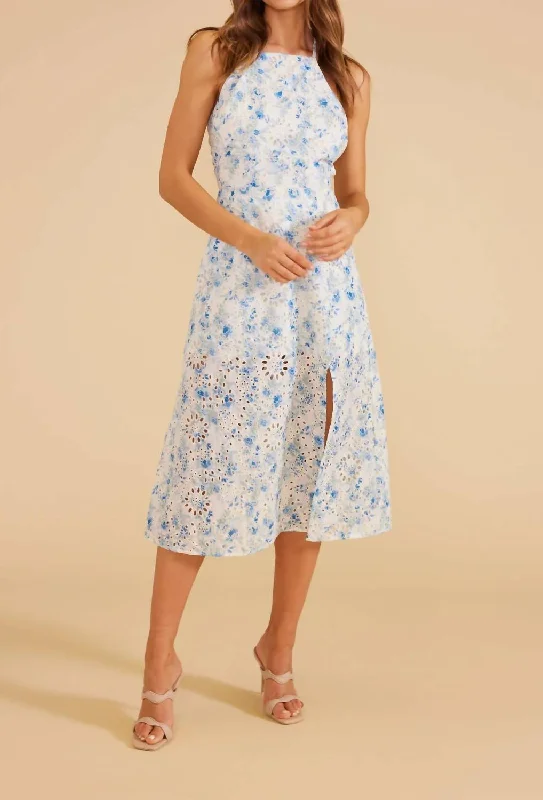 women's chiffon dressesAlba Broidery Midi Dress In Blue/white